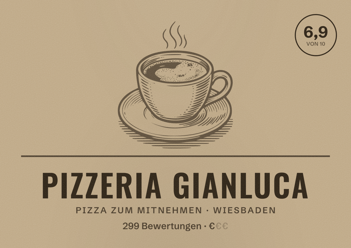 Illustriertes Poster von Pizzeria Gianluca, Pizza zum Mitnehmen in Wiesbaden: Bewertung 6,9 von 10 aus 299 Bewertungen, Preisniveau €