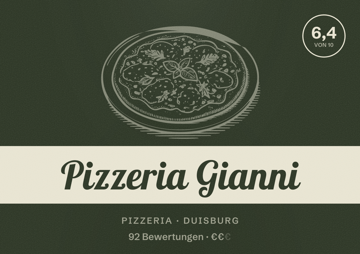 Illustriertes Poster von Pizzeria Gianni, Pizzeria in Duisburg: Bewertung 6,4 von 10 aus 92 Bewertungen, Preisniveau €€