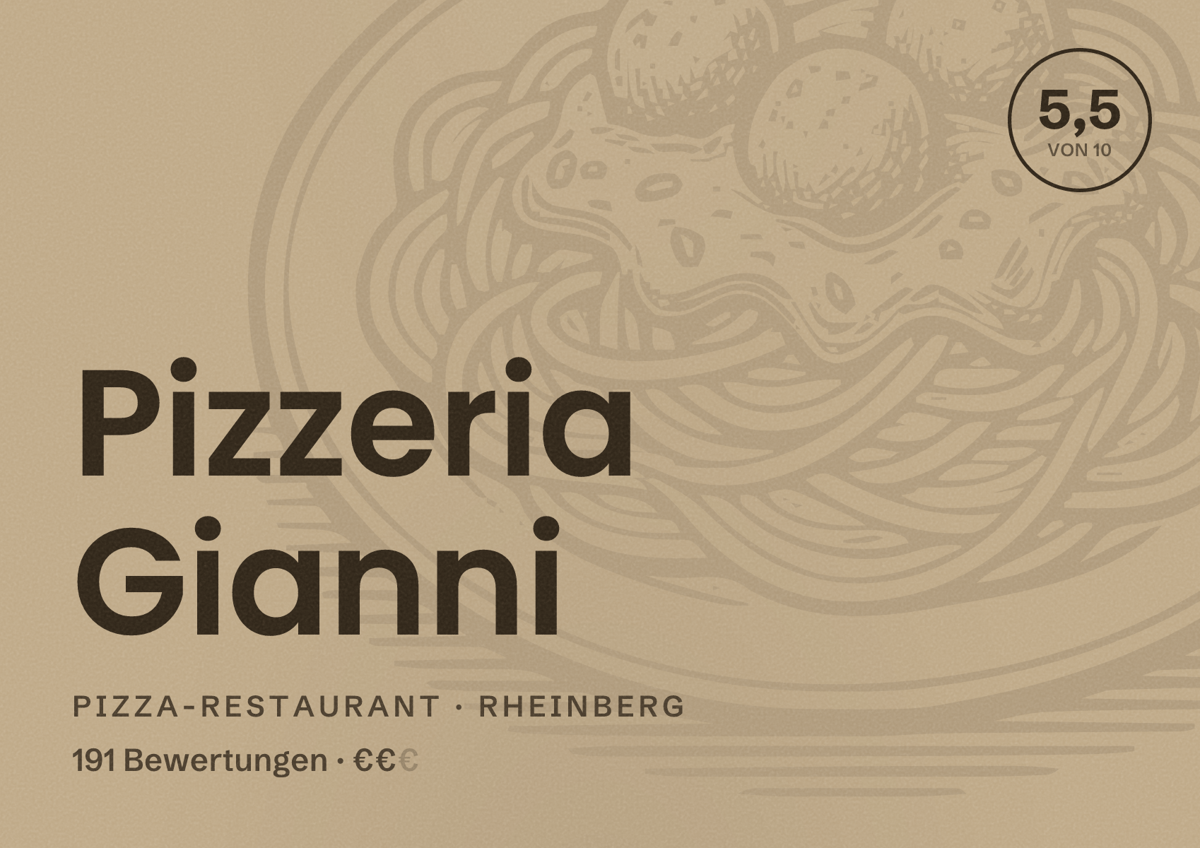 Illustriertes Poster von Pizzeria Gianni, Pizza-Restaurant in Rheinberg: Bewertung 5,5 von 10 aus 191 Bewertungen, Preisniveau €€