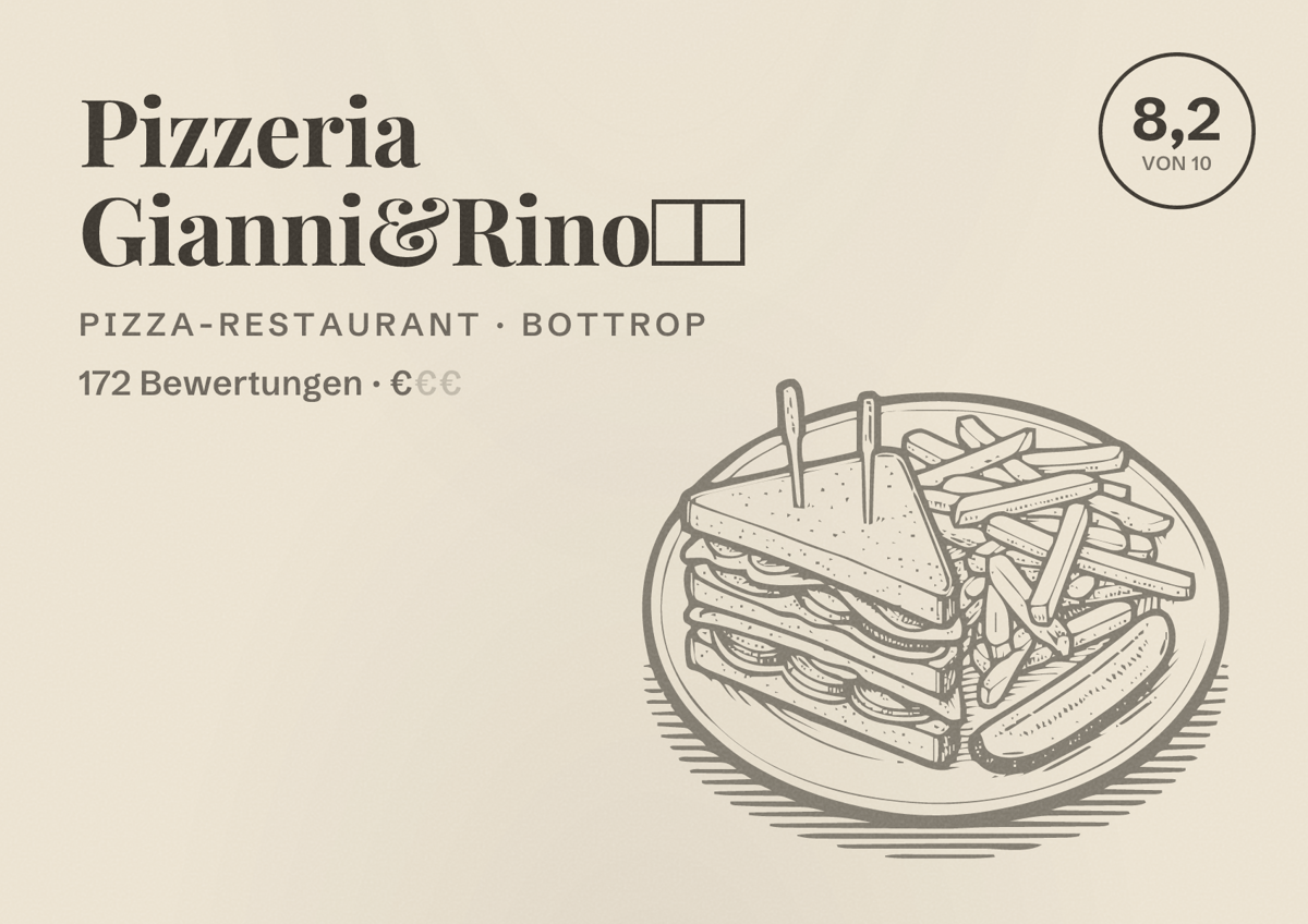 Illustriertes Poster von Pizzeria Gianni&Rino🇮🇹, Pizza-Restaurant in Bottrop: Bewertung 8,2 von 10 aus 172 Bewertungen, Preisniveau €