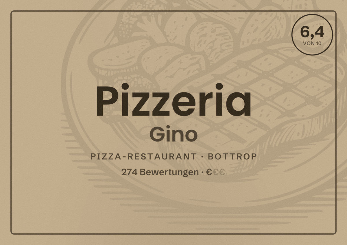 Illustriertes Poster von Pizzeria Gino, Pizza-Restaurant in Bottrop: Bewertung 6,4 von 10 aus 274 Bewertungen, Preisniveau €
