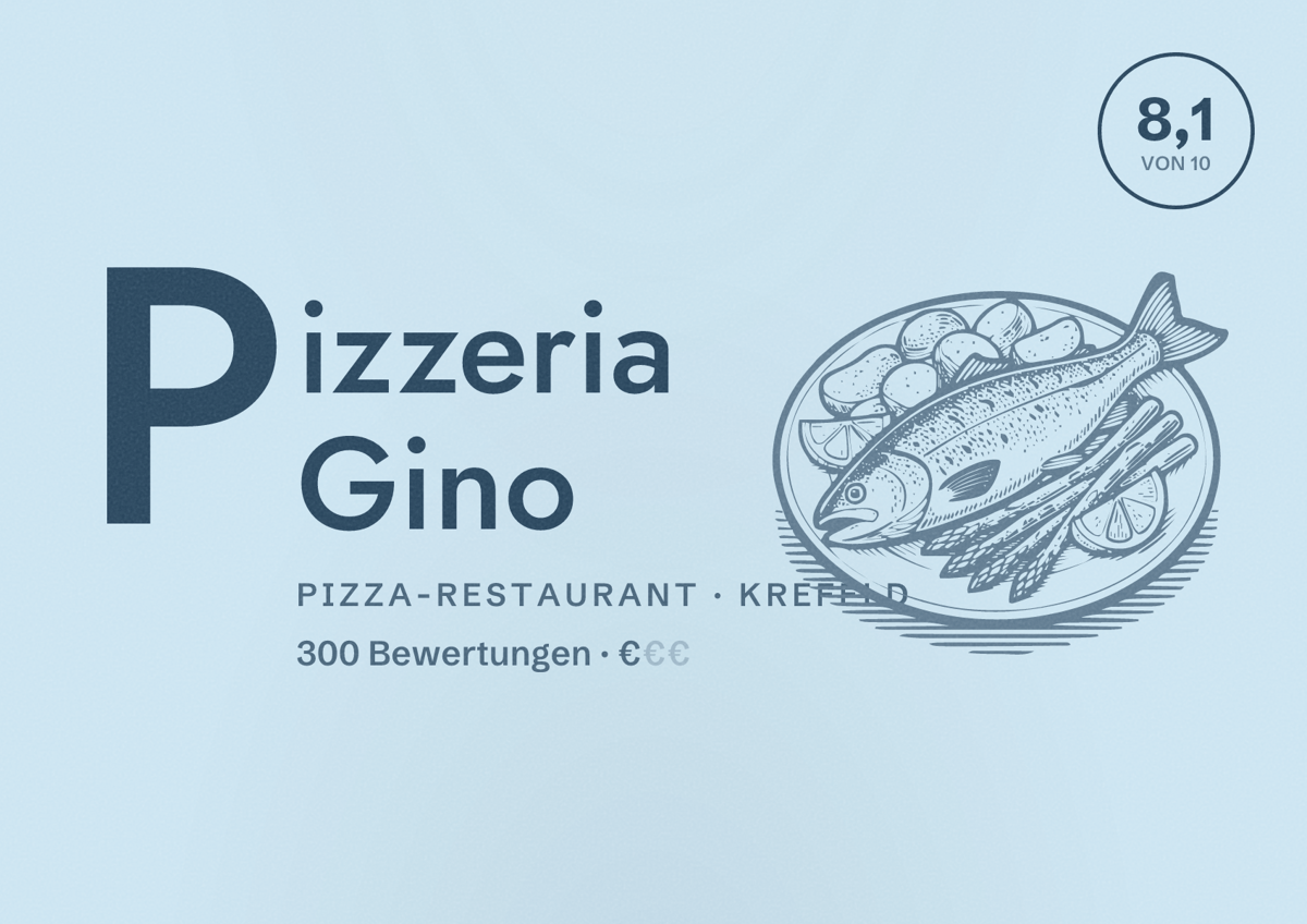 Illustriertes Poster von Pizzeria Gino, Pizza-Restaurant in Krefeld: Bewertung 8,1 von 10 aus 300 Bewertungen, Preisniveau €