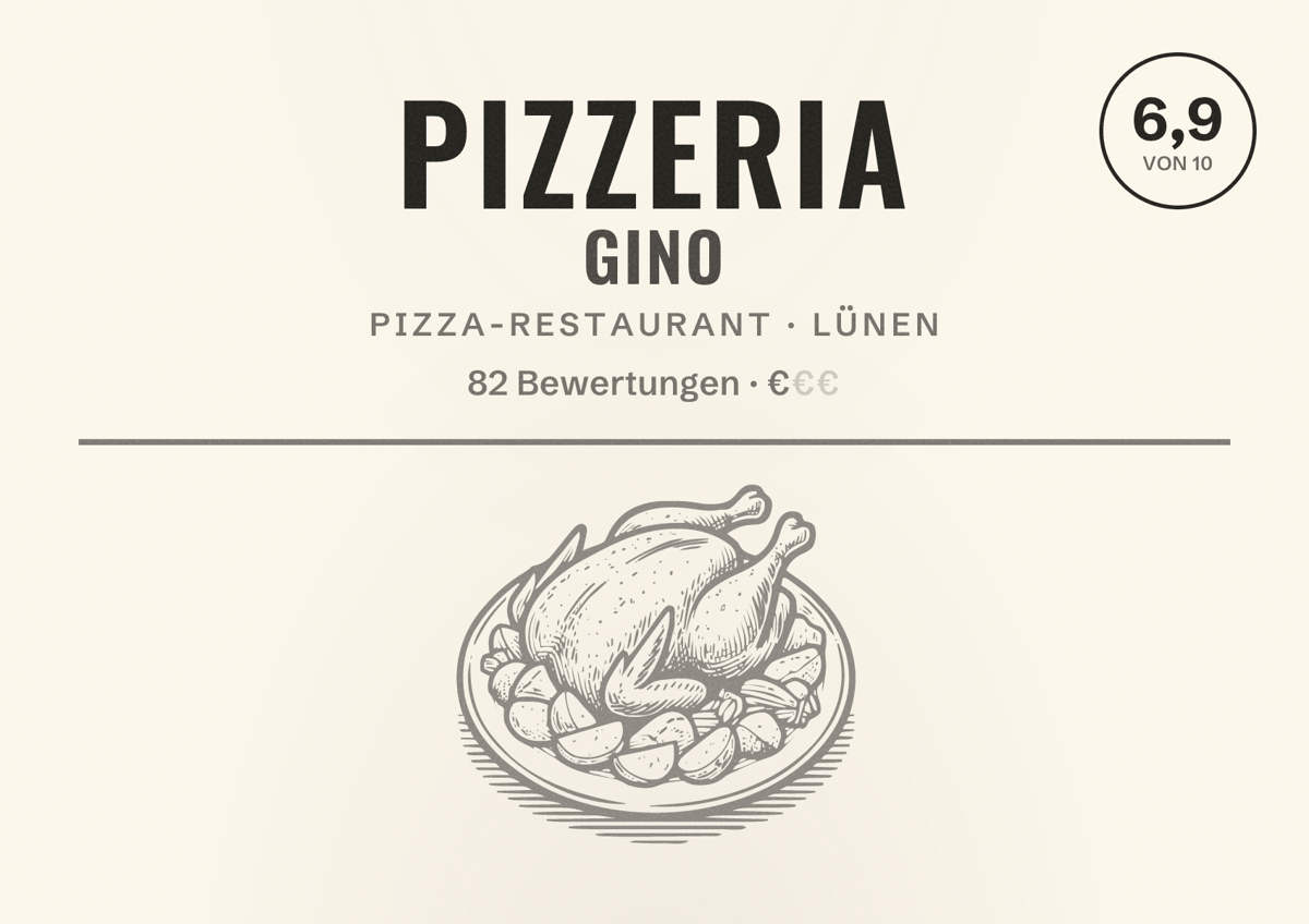Illustriertes Poster von Pizzeria Gino, Pizza-Restaurant in Lünen: Bewertung 6,9 von 10 aus 82 Bewertungen, Preisniveau €