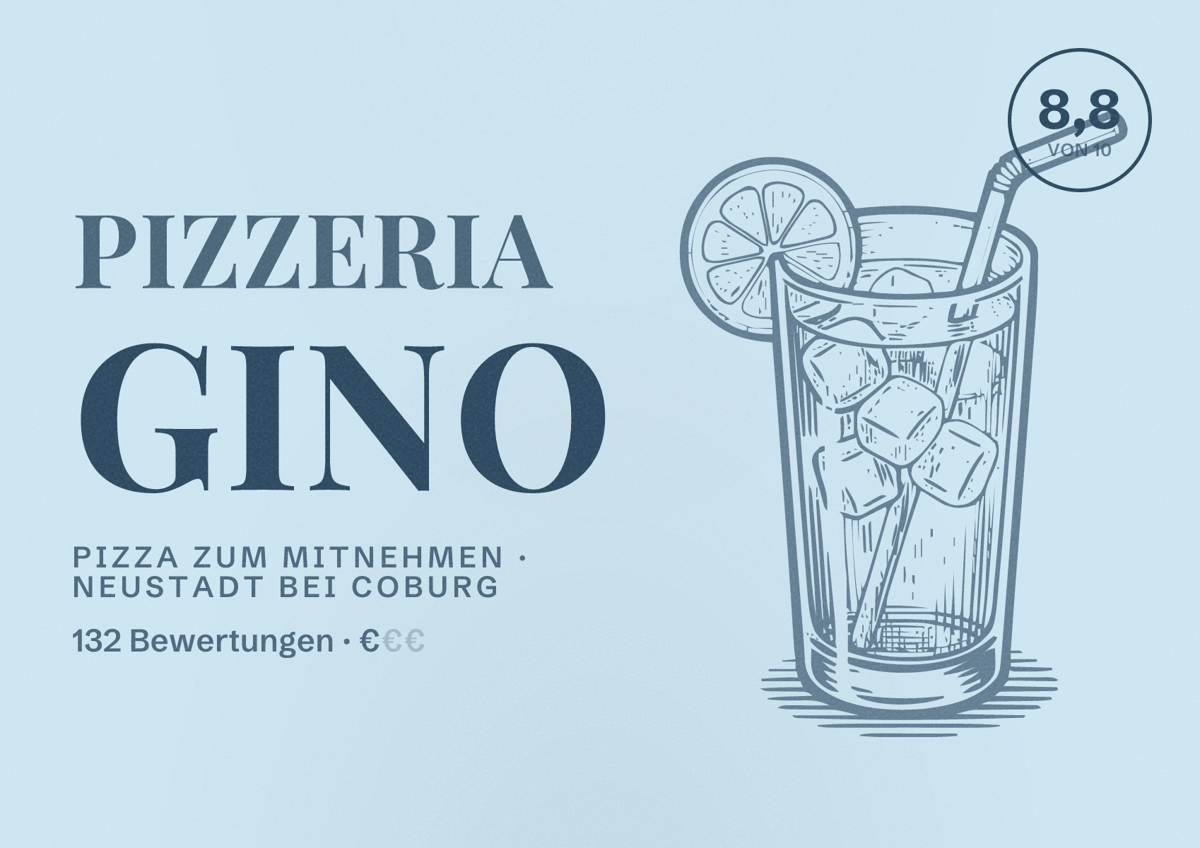 Illustriertes Poster von Pizzeria Gino, Pizza zum Mitnehmen in Neustadt bei Coburg: Bewertung 8,8 von 10 aus 132 Bewertungen, Preisniveau €