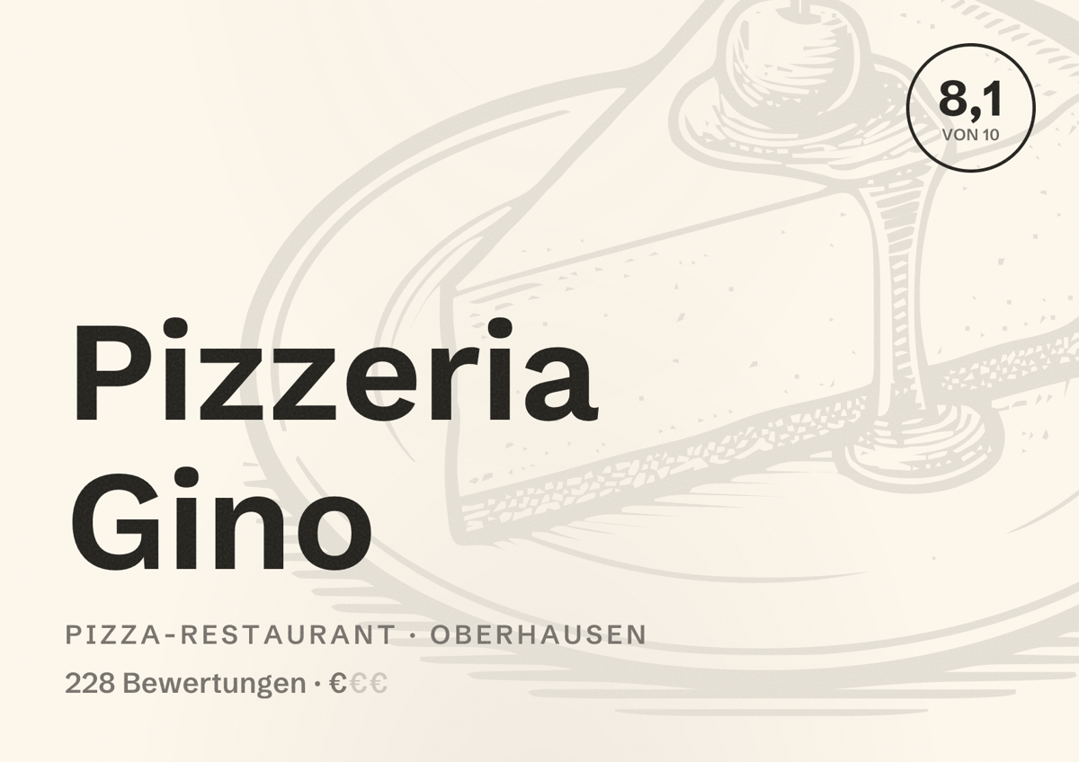 Illustriertes Poster von Pizzeria Gino, Pizza-Restaurant in Oberhausen: Bewertung 8,1 von 10 aus 228 Bewertungen, Preisniveau €