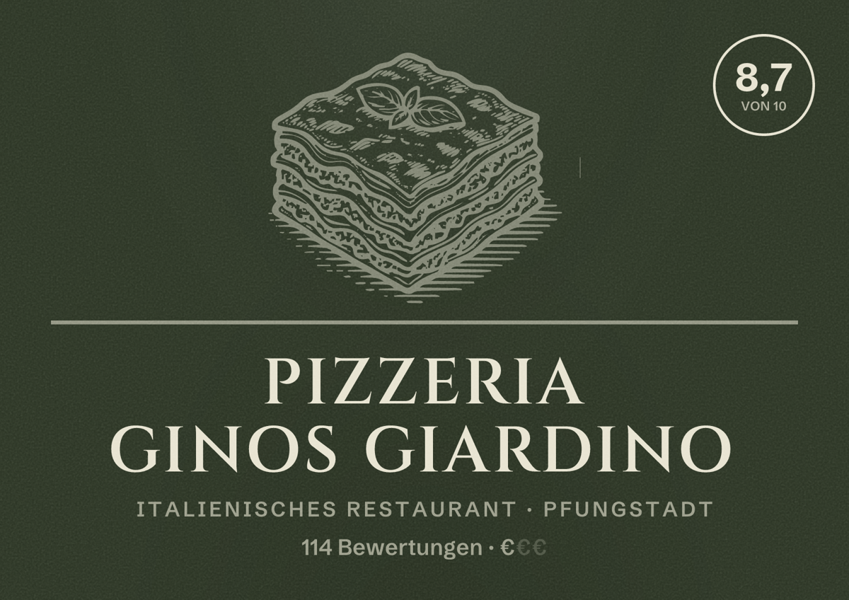 Illustriertes Poster von Pizzeria Ginos Giardino, Italienisches Restaurant in Pfungstadt: Bewertung 8,7 von 10 aus 114 Bewertungen, Preisniveau €