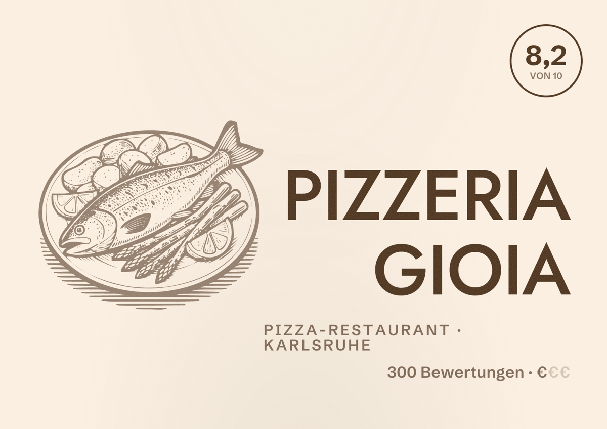 Illustriertes Poster von PIZZERIA GIOIA, Pizza-Restaurant in Karlsruhe: Bewertung 8,2 von 10 aus 300 Bewertungen, Preisniveau €