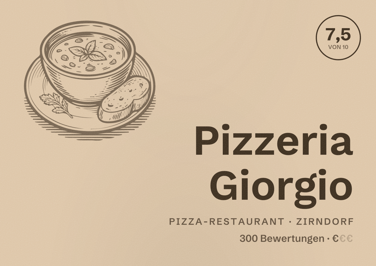 Illustriertes Poster von Pizzeria Giorgio, Pizza-Restaurant in Zirndorf: Bewertung 7,5 von 10 aus 300 Bewertungen, Preisniveau €