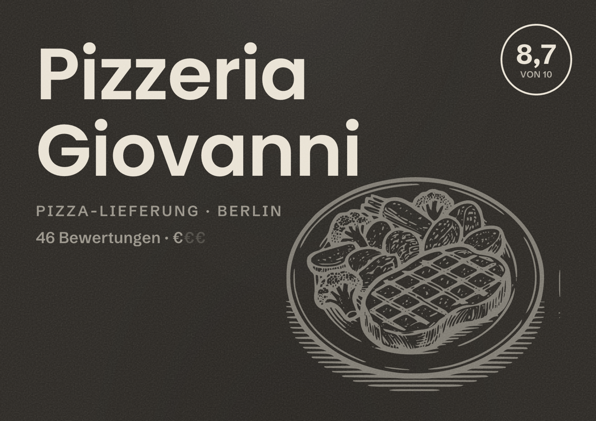 Illustriertes Poster von Pizzeria Giovanni, Pizza-Lieferung in Berlin: Bewertung 8,7 von 10 aus 46 Bewertungen, Preisniveau €