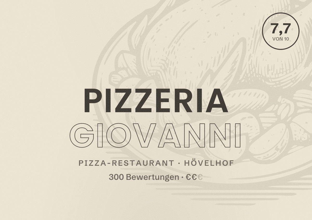 Illustriertes Poster von Pizzeria Giovanni, Pizza-Restaurant in Hövelhof: Bewertung 7,7 von 10 aus 300 Bewertungen, Preisniveau €€