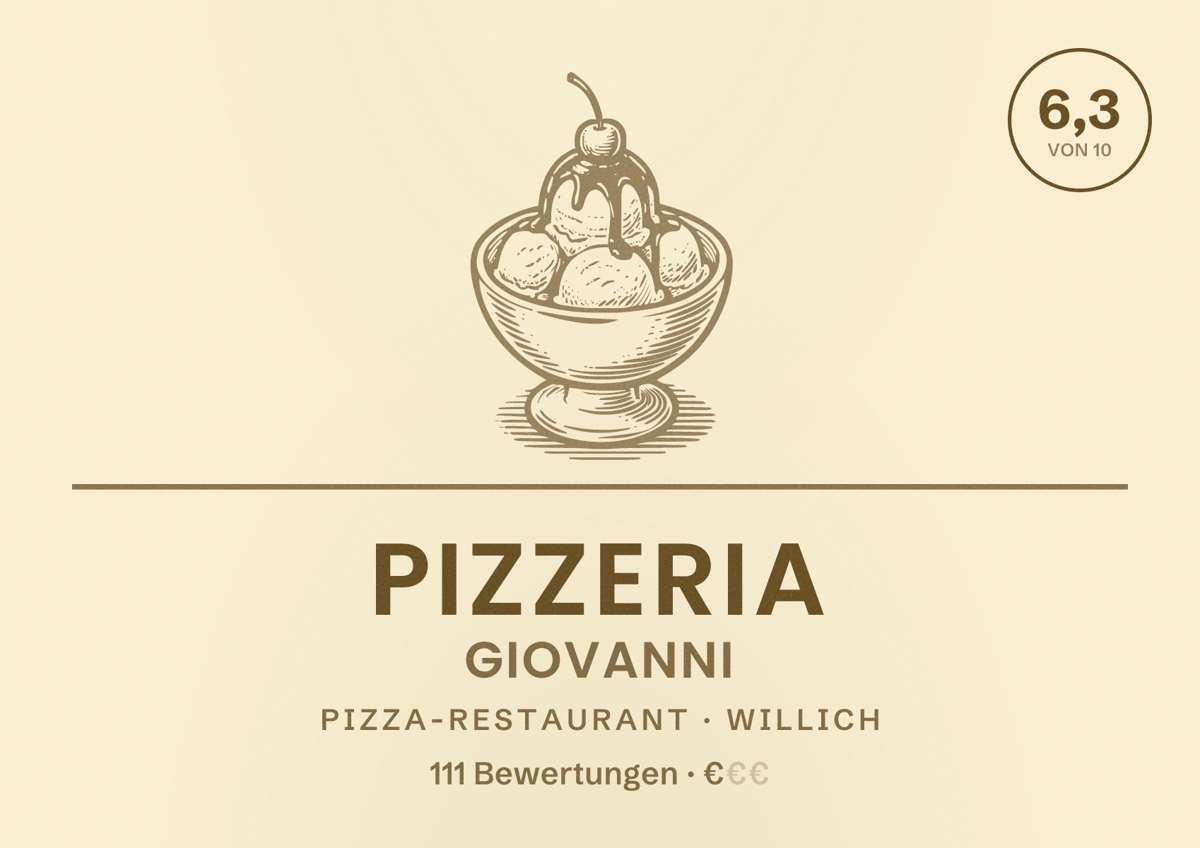 Illustriertes Poster von Pizzeria Giovanni, Pizza-Restaurant in Willich: Bewertung 6,3 von 10 aus 111 Bewertungen, Preisniveau €