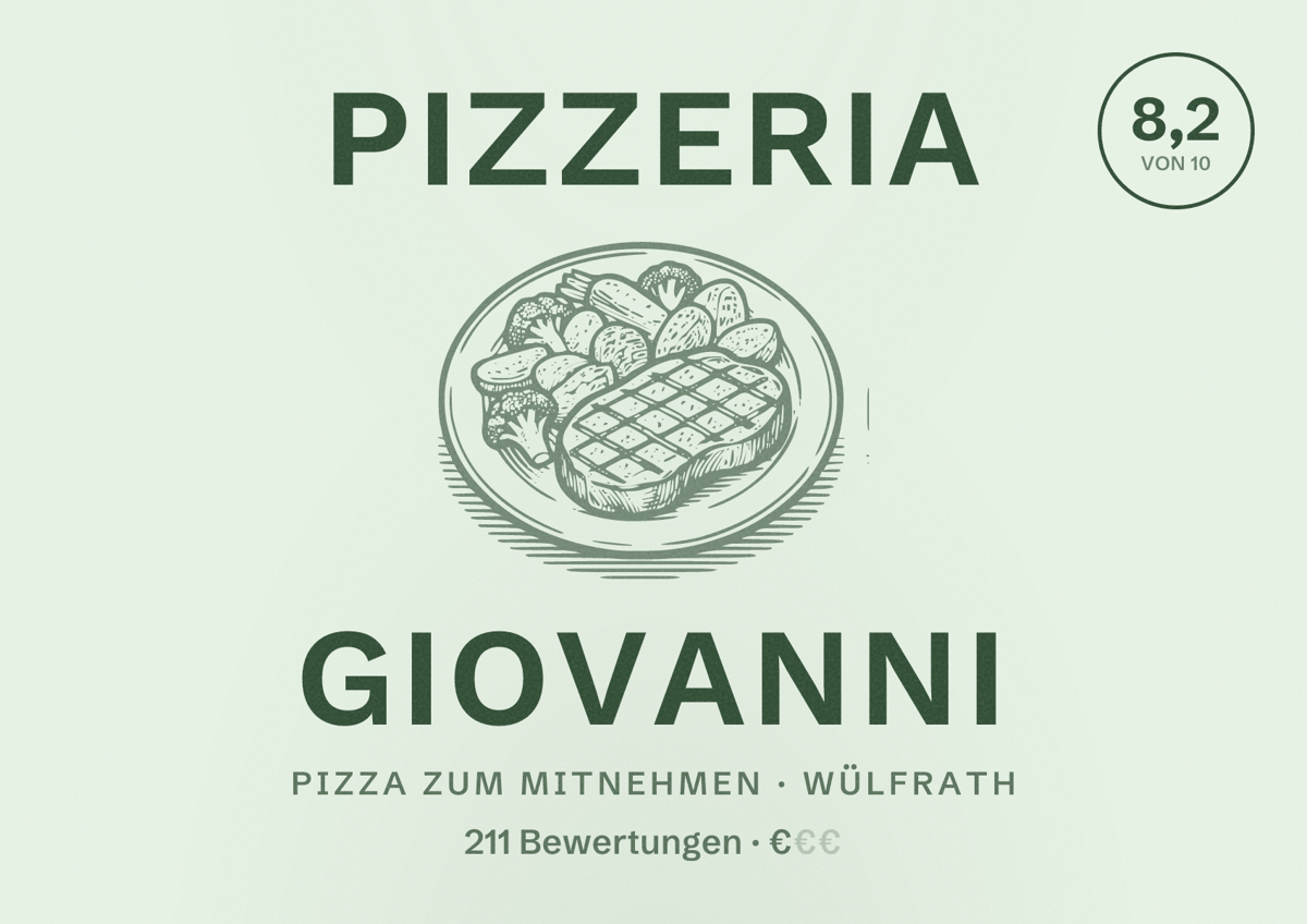 Illustriertes Poster von Pizzeria Giovanni, Pizza zum Mitnehmen in Wülfrath: Bewertung 8,2 von 10 aus 211 Bewertungen, Preisniveau €