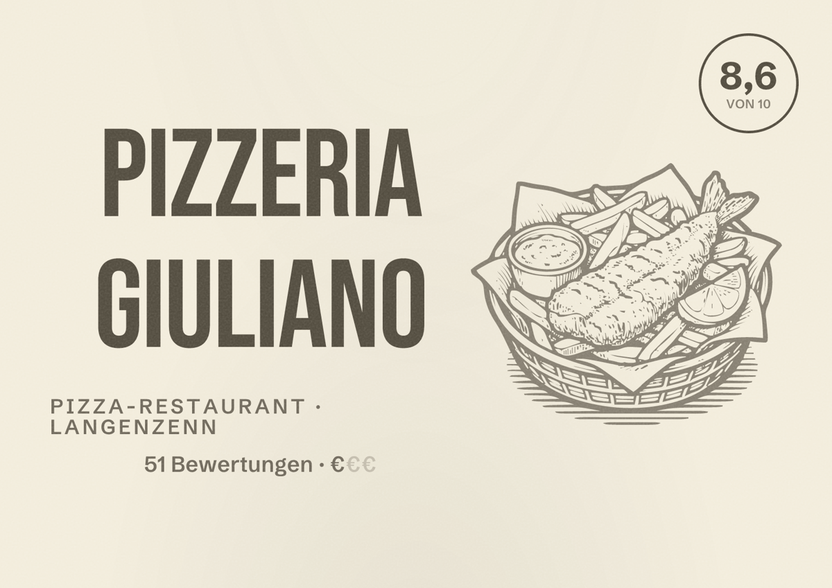 Illustriertes Poster von Pizzeria Giuliano, Pizza-Restaurant in Langenzenn: Bewertung 8,6 von 10 aus 51 Bewertungen, Preisniveau €