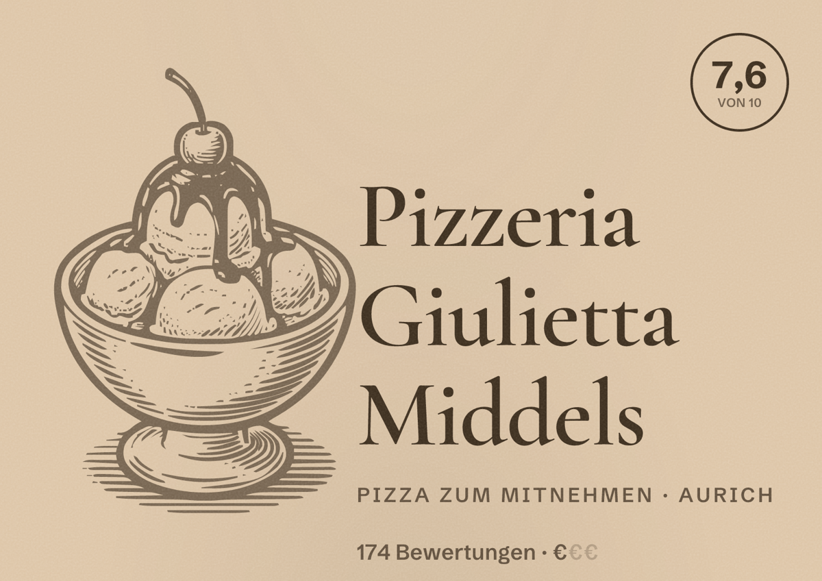 Illustriertes Poster von Pizzeria Giulietta Middels, Pizza zum Mitnehmen in Aurich: Bewertung 7,6 von 10 aus 174 Bewertungen, Preisniveau €