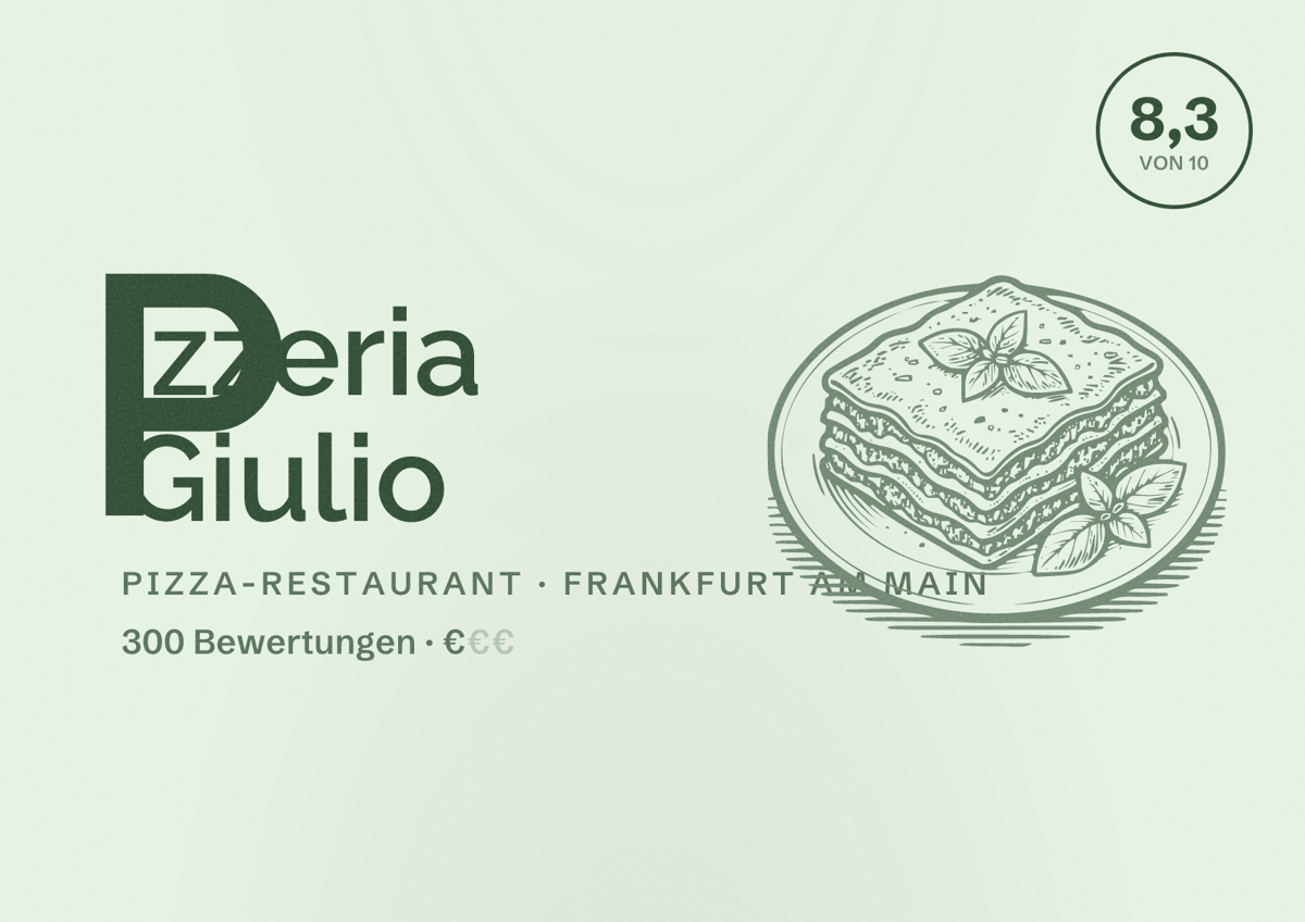Illustriertes Poster von Pizzeria Giulio, Pizza-Restaurant in Frankfurt am Main: Bewertung 8,3 von 10 aus 300 Bewertungen, Preisniveau €