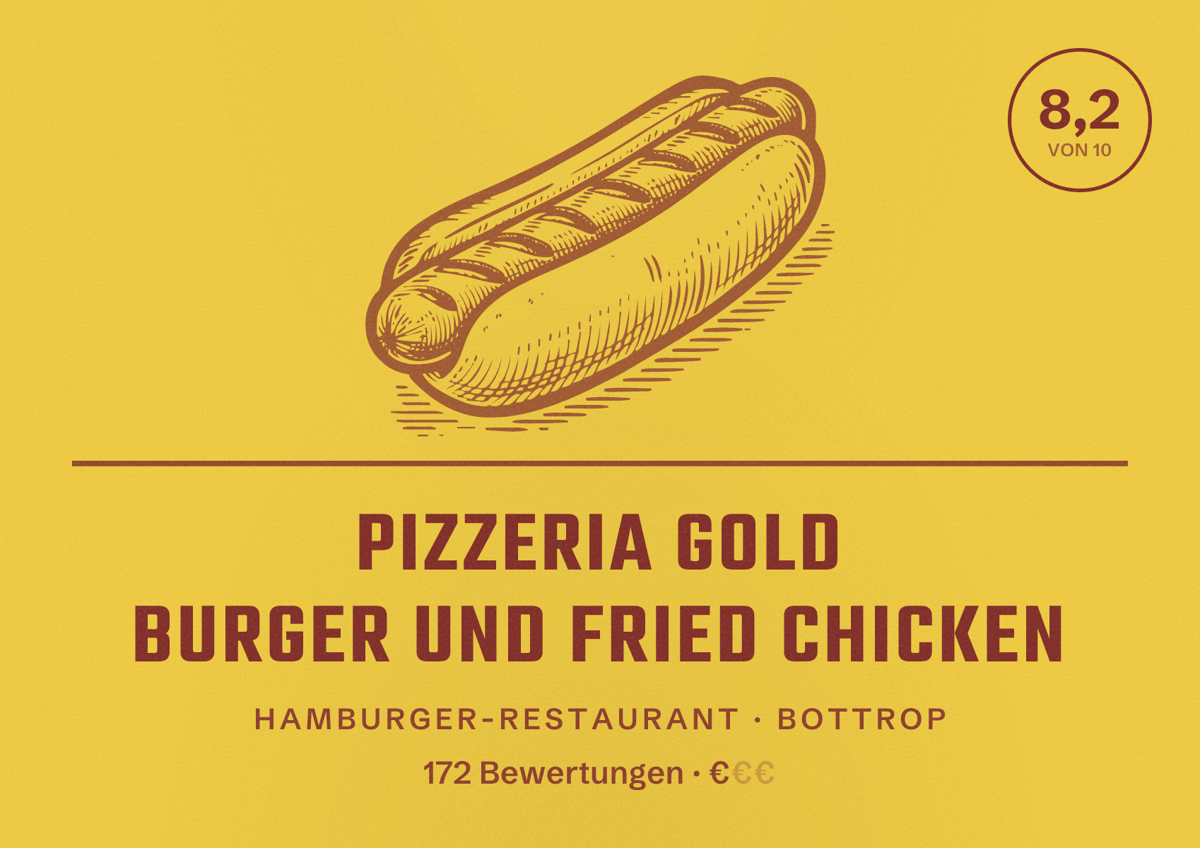 Illustriertes Poster von Pizzeria Gold Burger und Fried Chicken, Hamburger-Restaurant in Bottrop: Bewertung 8,2 von 10 aus 172 Bewertungen, Preisniveau €
