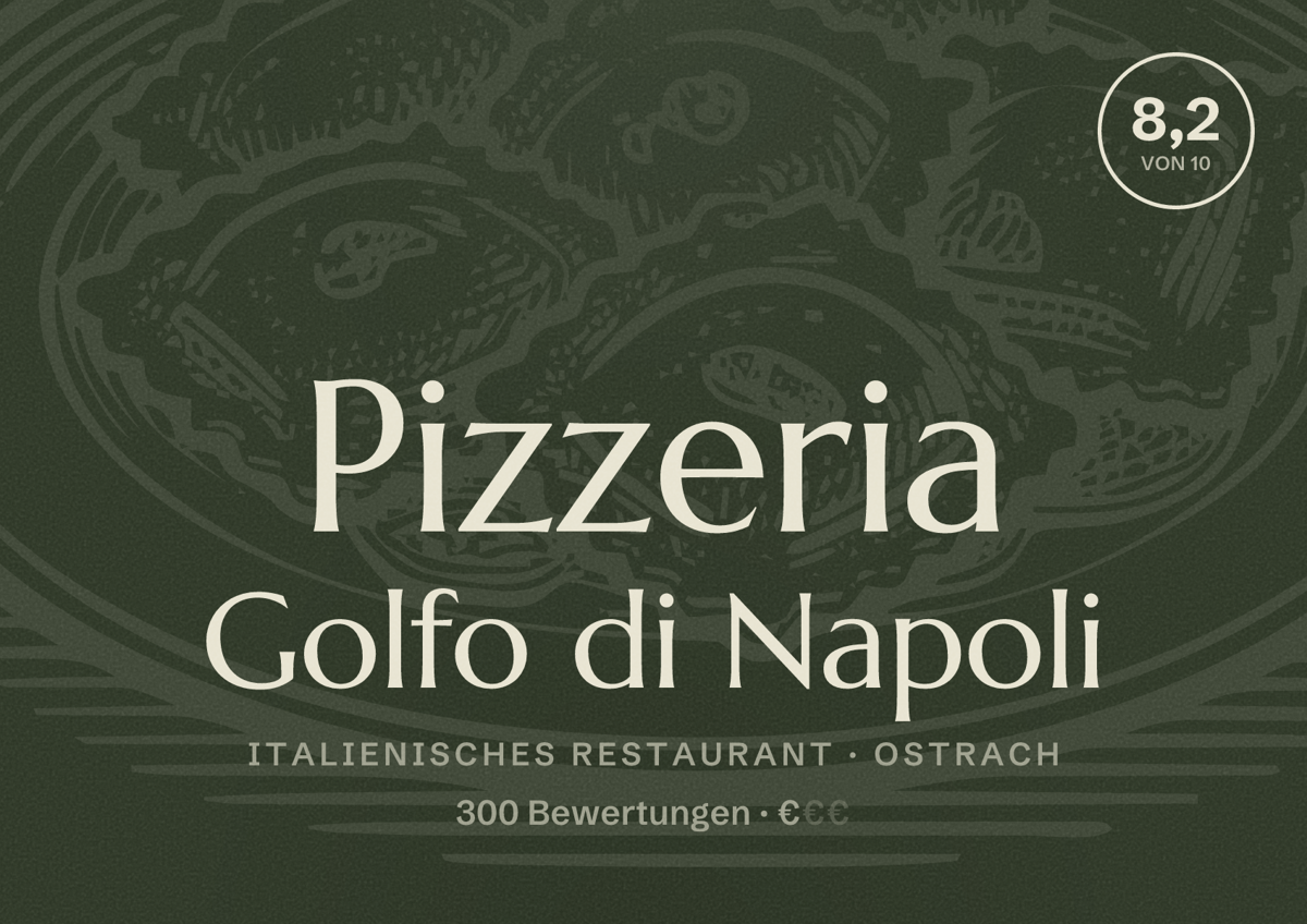 Illustriertes Poster von Pizzeria Golfo di Napoli, Italienisches Restaurant in Ostrach: Bewertung 8,2 von 10 aus 300 Bewertungen, Preisniveau €