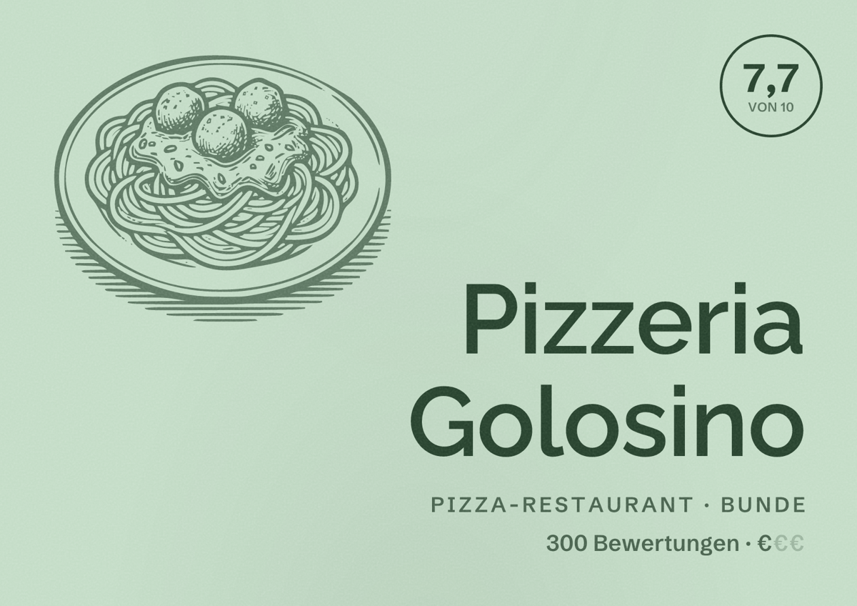 Illustriertes Poster von Pizzeria Golosino, Pizza-Restaurant in Bunde: Bewertung 7,7 von 10 aus 300 Bewertungen, Preisniveau €