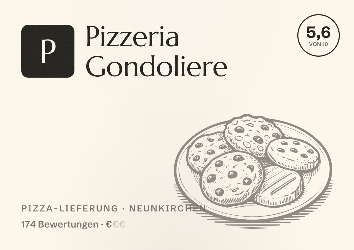 Illustriertes Poster von Pizzeria Gondoliere, Pizza-Lieferung in Neunkirchen: Bewertung 5,6 von 10 aus 174 Bewertungen, Preisniveau €