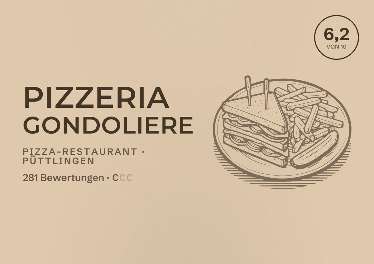 Illustriertes Poster von Pizzeria Gondoliere, Pizza-Restaurant in Püttlingen: Bewertung 6,2 von 10 aus 281 Bewertungen, Preisniveau €
