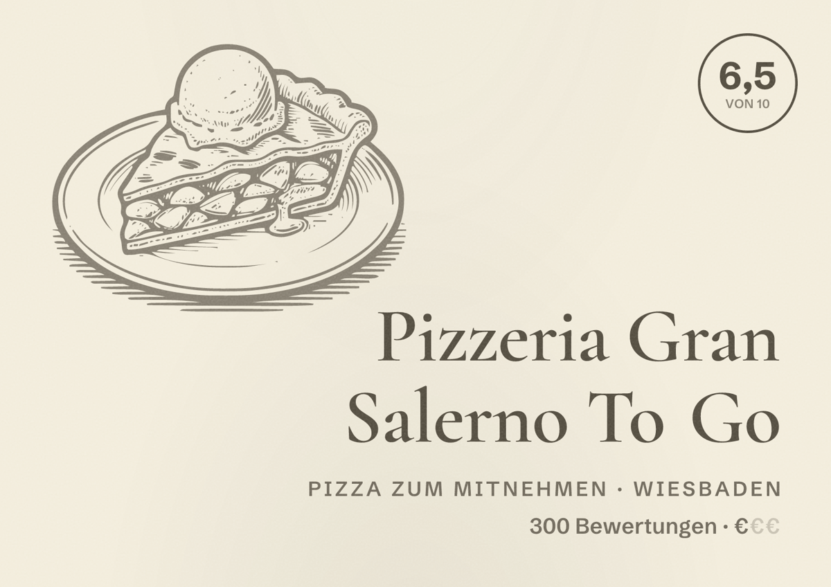 Illustriertes Poster von Pizzeria Gran Salerno To Go, Pizza zum Mitnehmen in Wiesbaden: Bewertung 6,5 von 10 aus 300 Bewertungen, Preisniveau €
