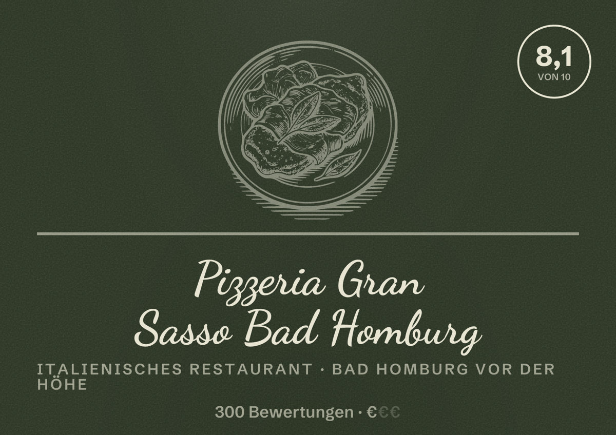 Illustriertes Poster von Pizzeria Gran Sasso Bad Homburg, Italienisches Restaurant in Bad Homburg vor der Höhe: Bewertung 8,1 von 10 aus 300 Bewertungen, Preisniveau €