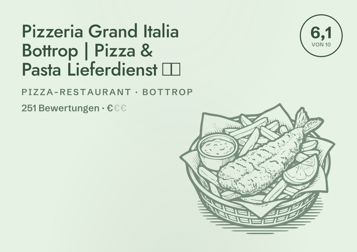Illustriertes Poster von Pizzeria Grand Italia Bottrop | Pizza & Pasta Lieferdienst 🍕🍝, Pizza-Restaurant in Bottrop: Bewertung 6,1 von 10 aus 251 Bewertungen, Preisniveau €