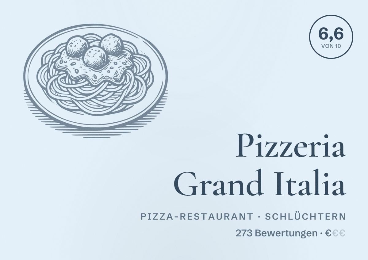 Illustriertes Poster von Pizzeria Grand Italia, Pizza-Restaurant in Schlüchtern: Bewertung 6,6 von 10 aus 273 Bewertungen, Preisniveau €
