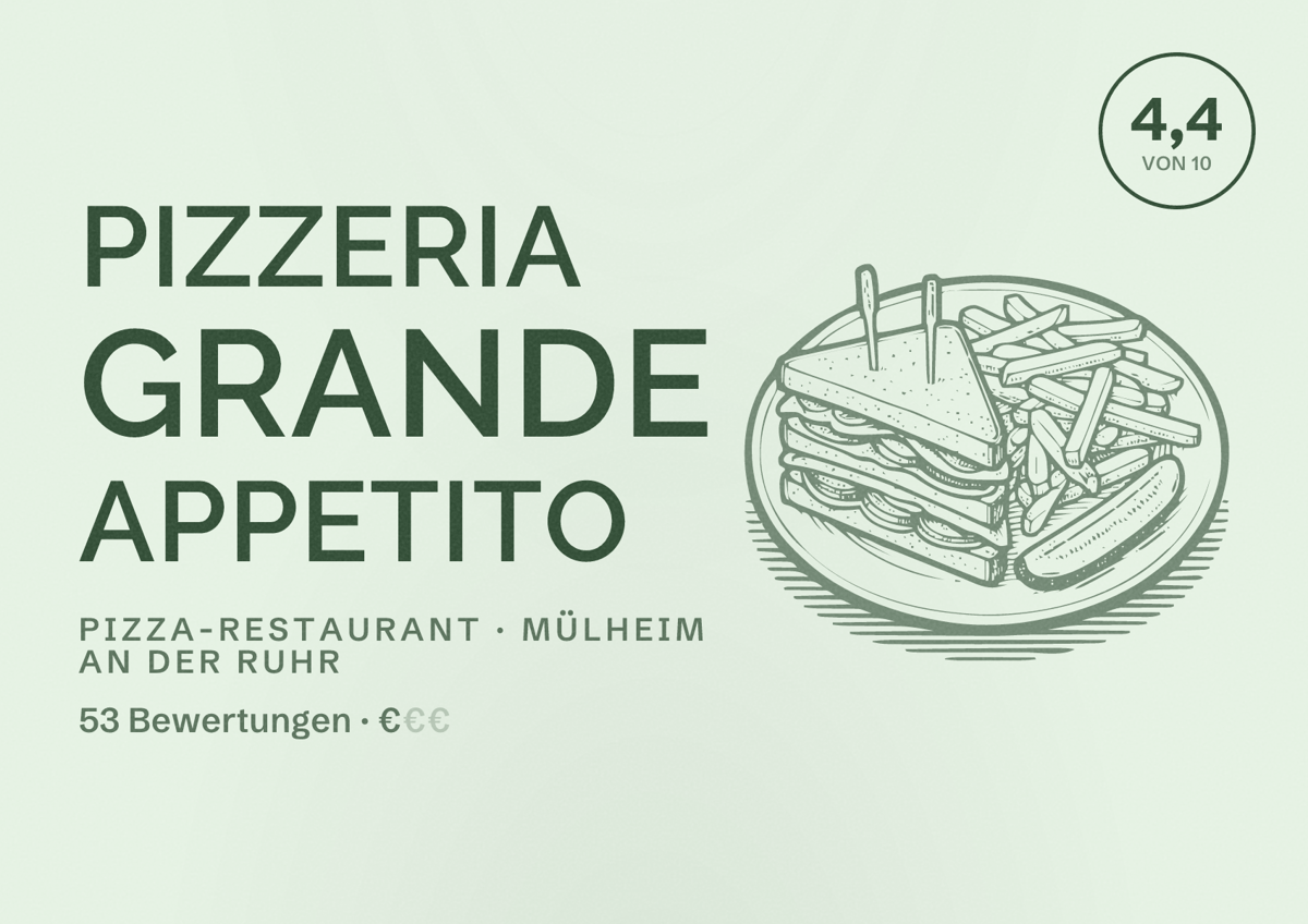 Illustriertes Poster von Pizzeria Grande Appetito, Pizza-Restaurant in Mülheim an der Ruhr: Bewertung 4,4 von 10 aus 53 Bewertungen, Preisniveau €