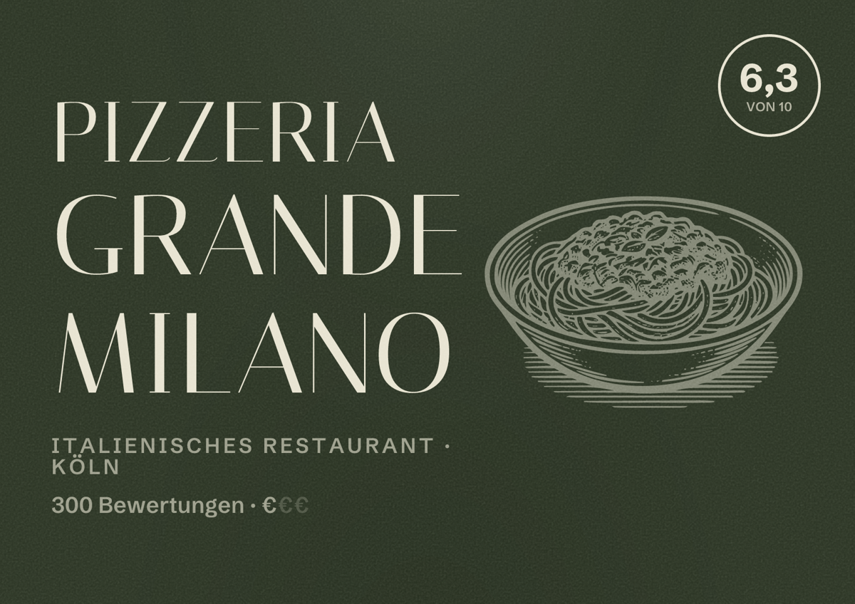 Illustriertes Poster von Pizzeria Grande Milano, Italienisches Restaurant in Köln: Bewertung 6,3 von 10 aus 300 Bewertungen, Preisniveau €