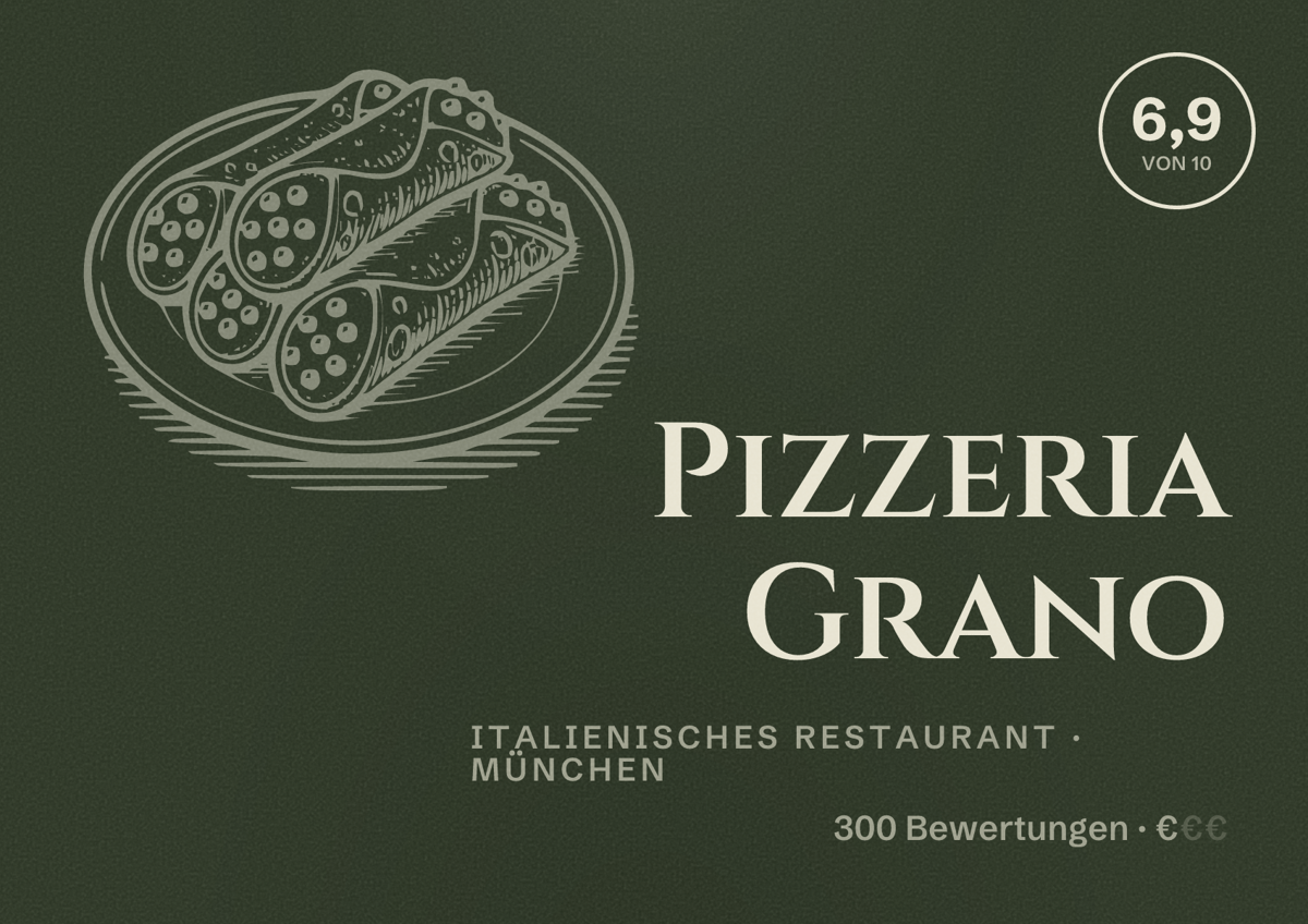 Illustriertes Poster von Pizzeria Grano, Italienisches Restaurant in München: Bewertung 6,9 von 10 aus 300 Bewertungen, Preisniveau €