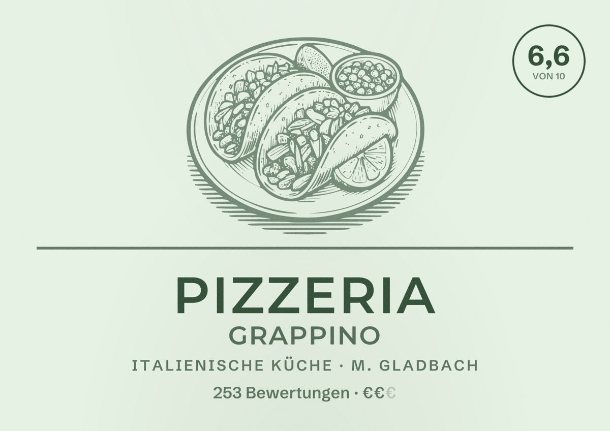 Illustriertes Poster von Pizzeria Grappino, Italienische Küche in M. Gladbach: Bewertung 6,6 von 10 aus 253 Bewertungen, Preisniveau €€