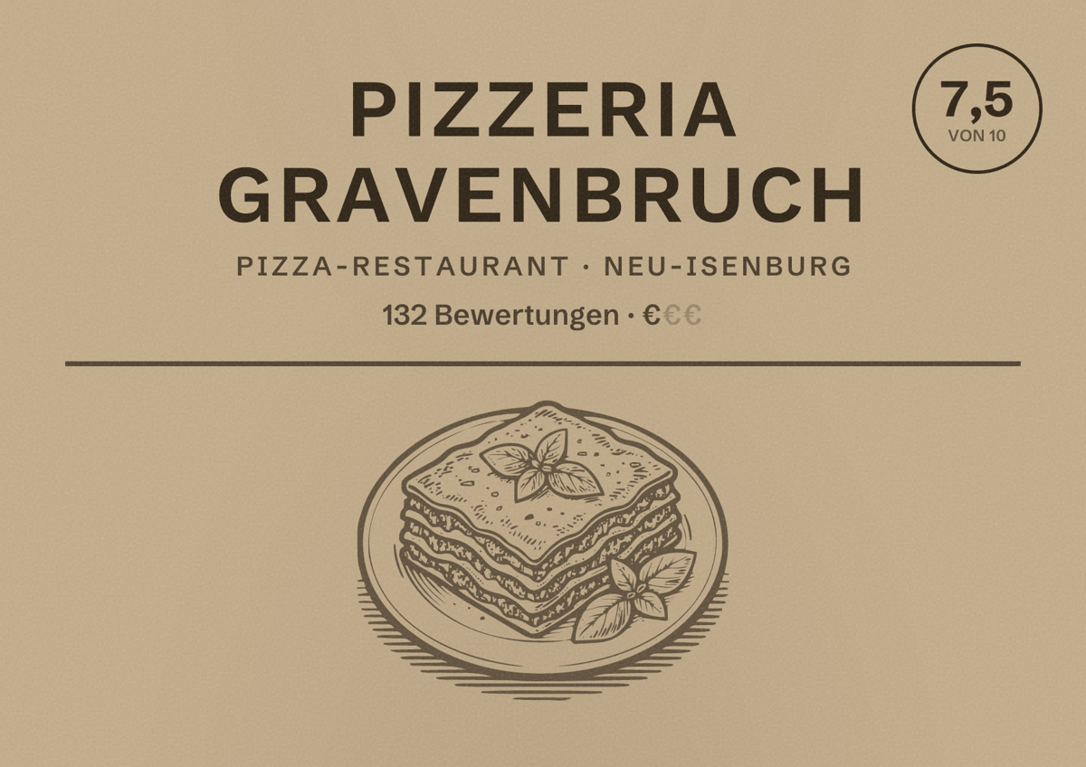 Illustriertes Poster von Pizzeria Gravenbruch, Pizza-Restaurant in Neu-Isenburg: Bewertung 7,5 von 10 aus 132 Bewertungen, Preisniveau €
