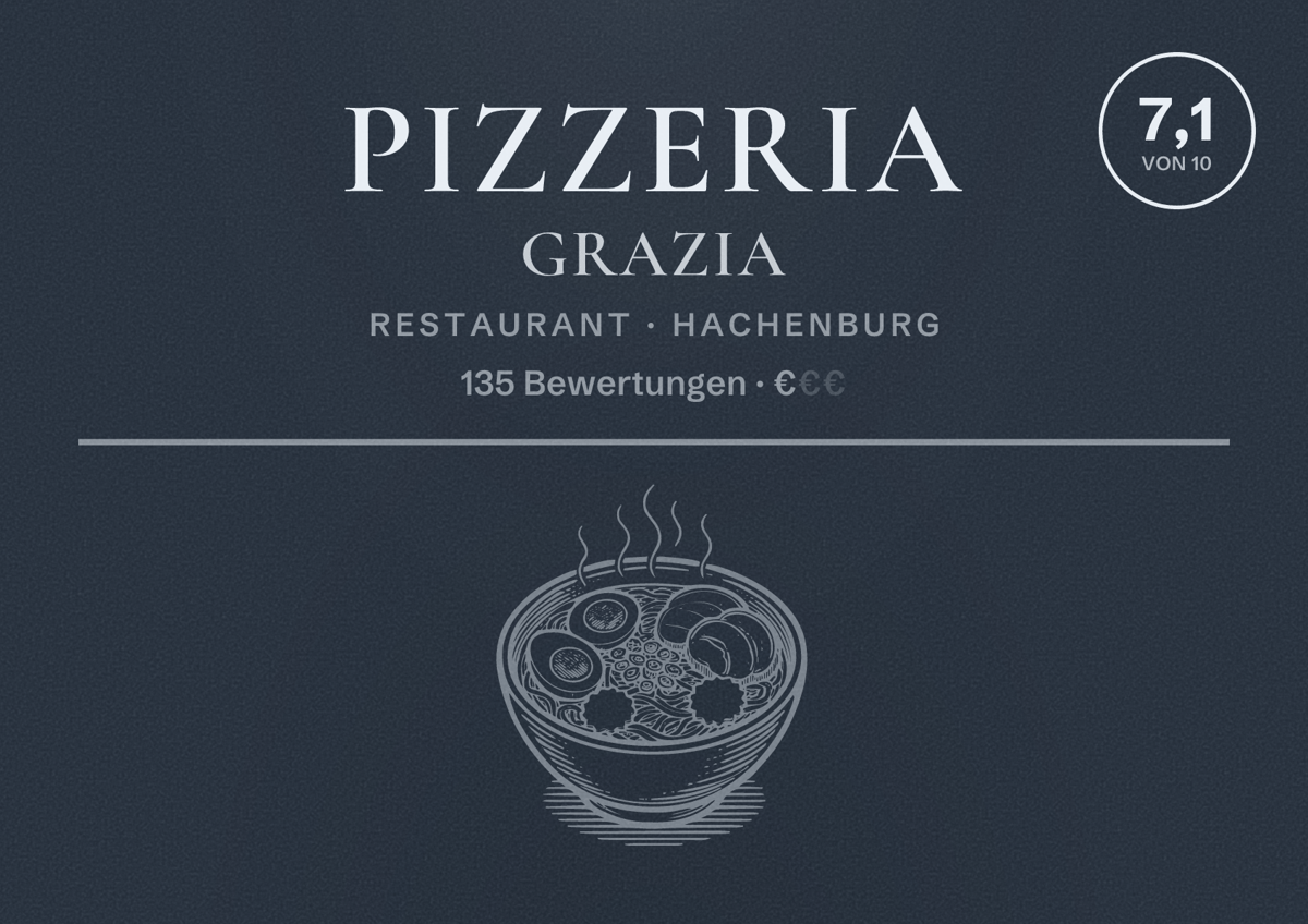 Illustriertes Poster von Pizzeria Grazia, Restaurant in Hachenburg: Bewertung 7,1 von 10 aus 135 Bewertungen, Preisniveau €