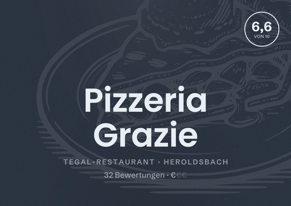 Illustriertes Poster von Pizzeria Grazie, Tegal-Restaurant in Heroldsbach: Bewertung 6,6 von 10 aus 32 Bewertungen, Preisniveau €