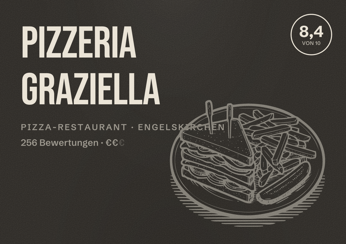 Illustriertes Poster von Pizzeria Graziella, Pizza-Restaurant in Engelskirchen: Bewertung 8,4 von 10 aus 256 Bewertungen, Preisniveau €€