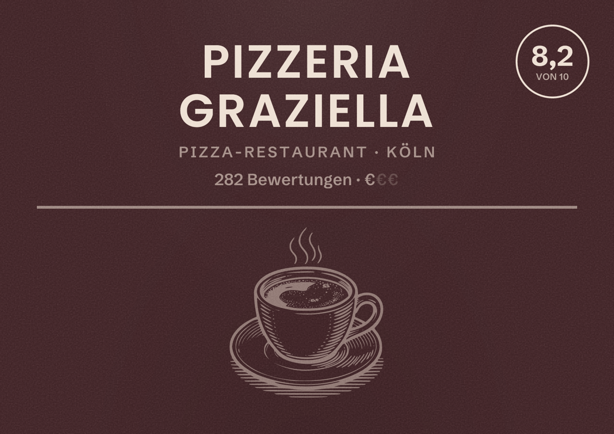 Illustriertes Poster von Pizzeria Graziella, Pizza-Restaurant in Köln: Bewertung 8,2 von 10 aus 282 Bewertungen, Preisniveau €
