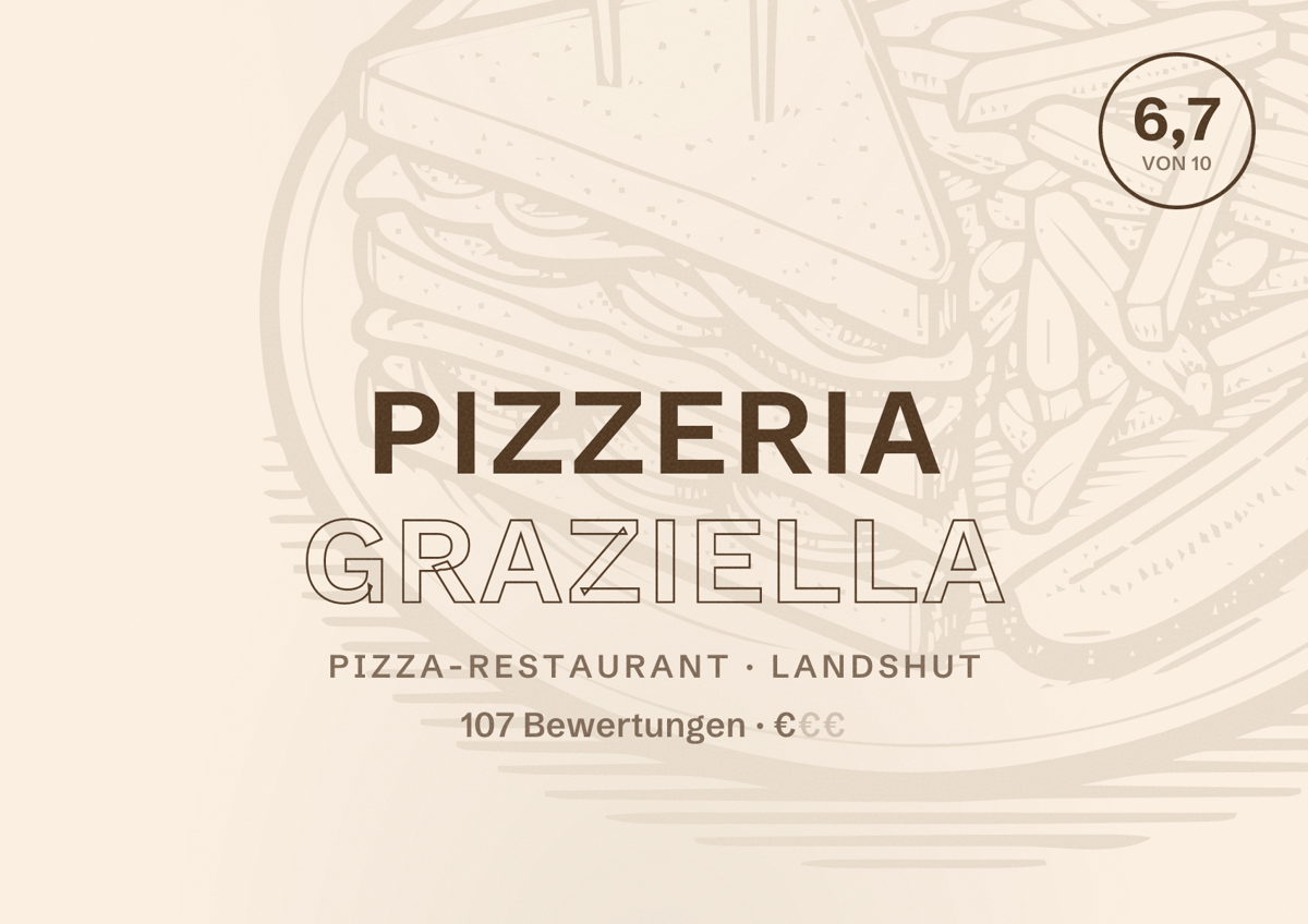 Illustriertes Poster von Pizzeria Graziella, Pizza-Restaurant in Landshut: Bewertung 6,7 von 10 aus 107 Bewertungen, Preisniveau €