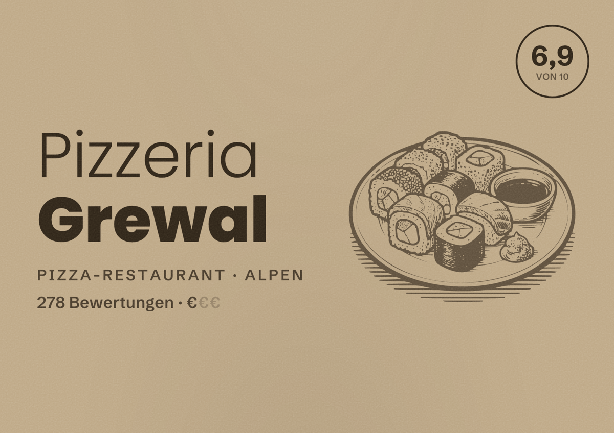 Illustriertes Poster von Pizzeria Grewal, Pizza-Restaurant in Alpen: Bewertung 6,9 von 10 aus 278 Bewertungen, Preisniveau €