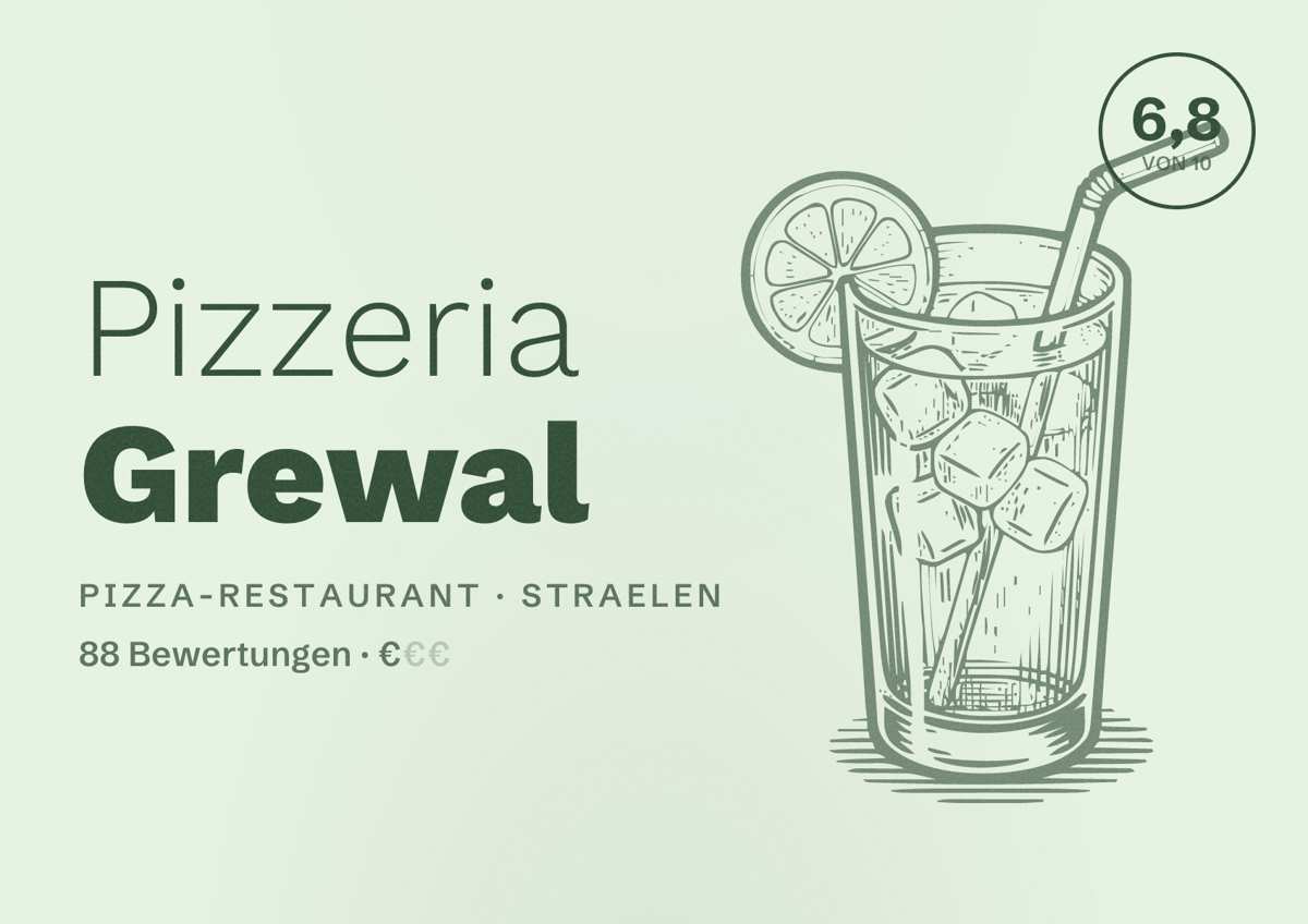 Illustriertes Poster von Pizzeria Grewal, Pizza-Restaurant in Straelen: Bewertung 6,8 von 10 aus 88 Bewertungen, Preisniveau €