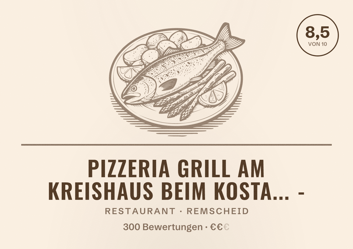 Illustriertes Poster von Pizzeria Grill am kreishaus beim Kosta... -, Restaurant in Remscheid: Bewertung 8,5 von 10 aus 300 Bewertungen, Preisniveau €€