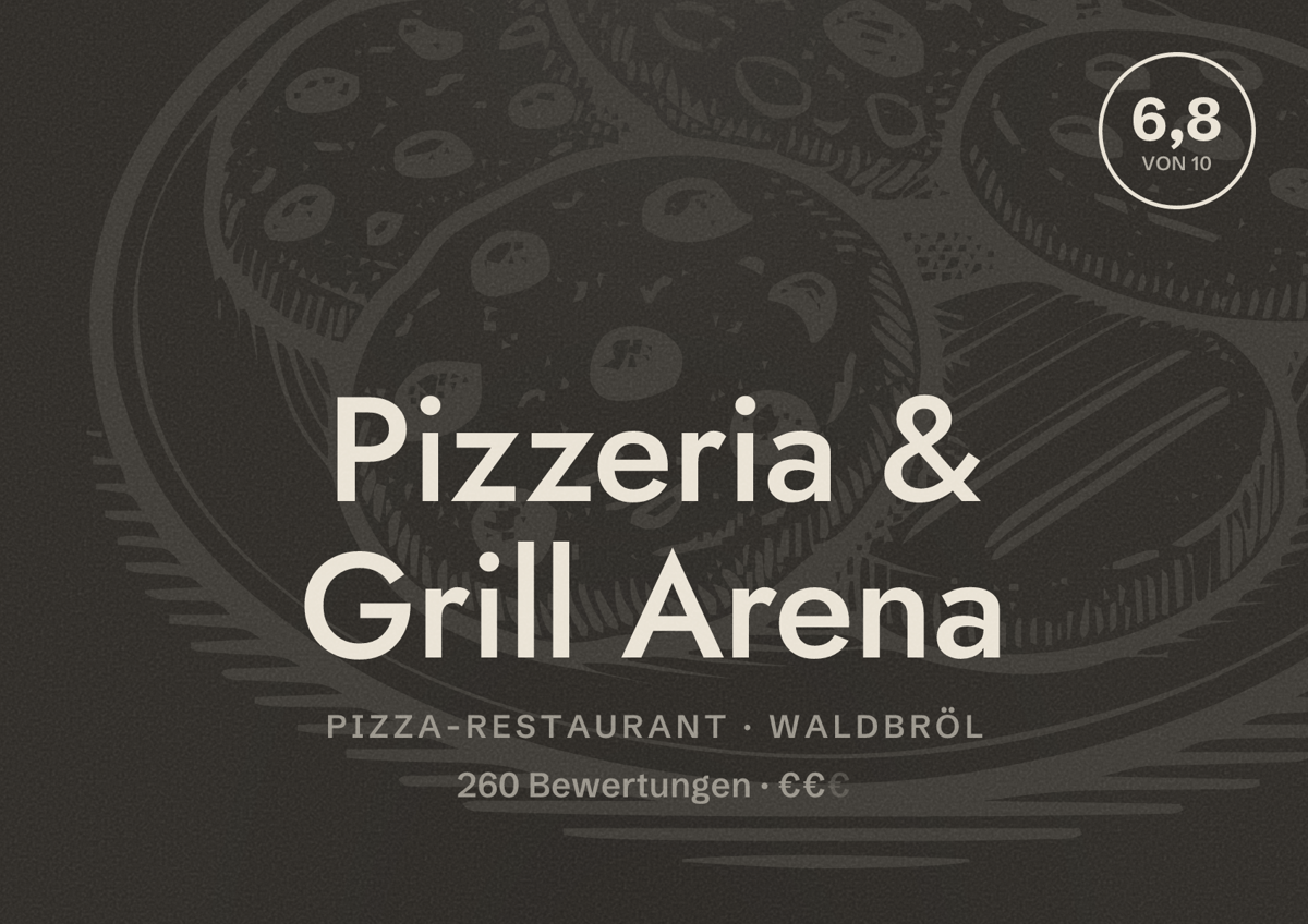 Illustriertes Poster von Pizzeria & Grill Arena, Pizza-Restaurant in Waldbröl: Bewertung 6,8 von 10 aus 260 Bewertungen, Preisniveau €€