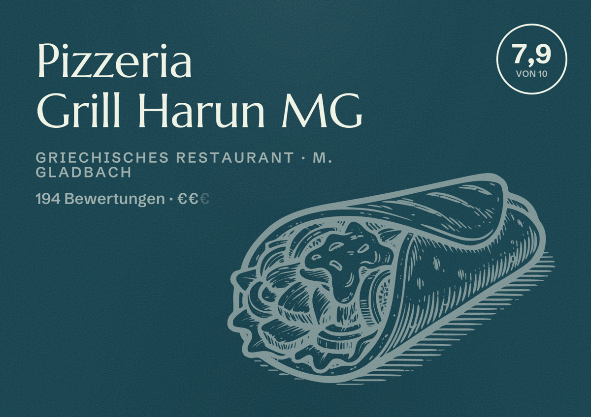 Illustriertes Poster von Pizzeria Grill Harun MG, Griechisches Restaurant in M. Gladbach: Bewertung 7,9 von 10 aus 194 Bewertungen, Preisniveau €€