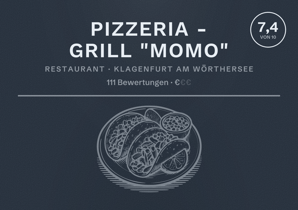 Illustriertes Poster von Pizzeria - Grill "Momo", Restaurant in Klagenfurt am Wörthersee: Bewertung 7,4 von 10 aus 111 Bewertungen, Preisniveau €