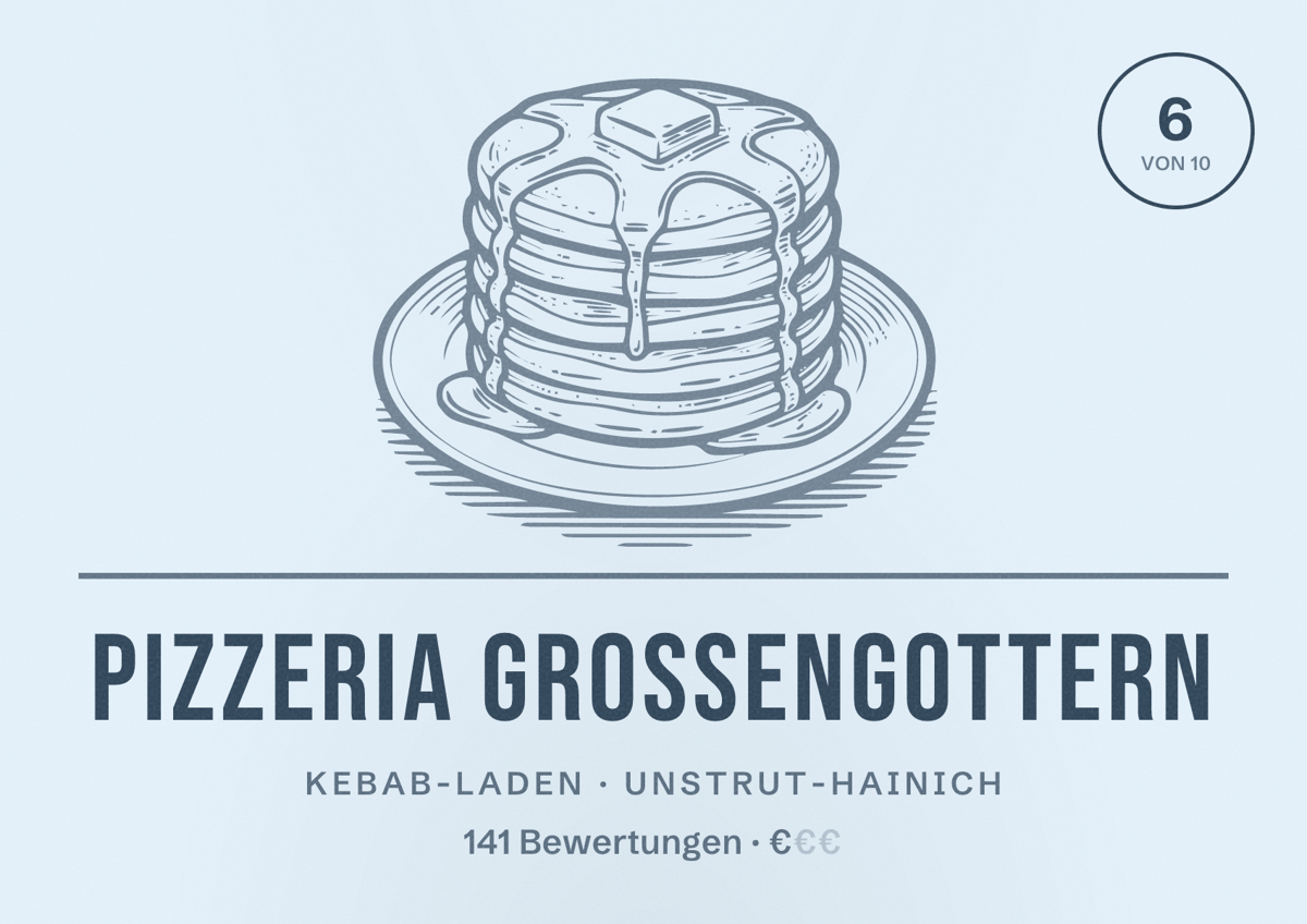 Illustriertes Poster von Pizzeria Großengottern, Kebab-Laden in Unstrut-Hainich: Bewertung 6 von 10 aus 141 Bewertungen, Preisniveau €