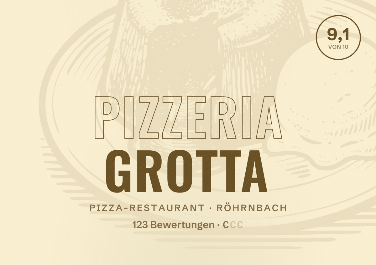Illustriertes Poster von Pizzeria Grotta, Pizza-Restaurant in Röhrnbach: Bewertung 9,1 von 10 aus 123 Bewertungen, Preisniveau €