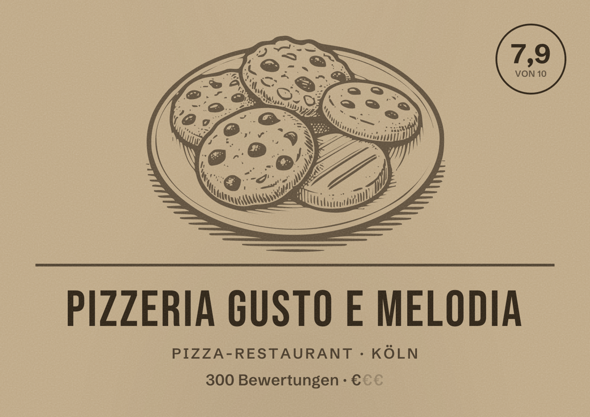 Illustriertes Poster von Pizzeria GUSTO e MELODIA, Pizza-Restaurant in Köln: Bewertung 7,9 von 10 aus 300 Bewertungen, Preisniveau €