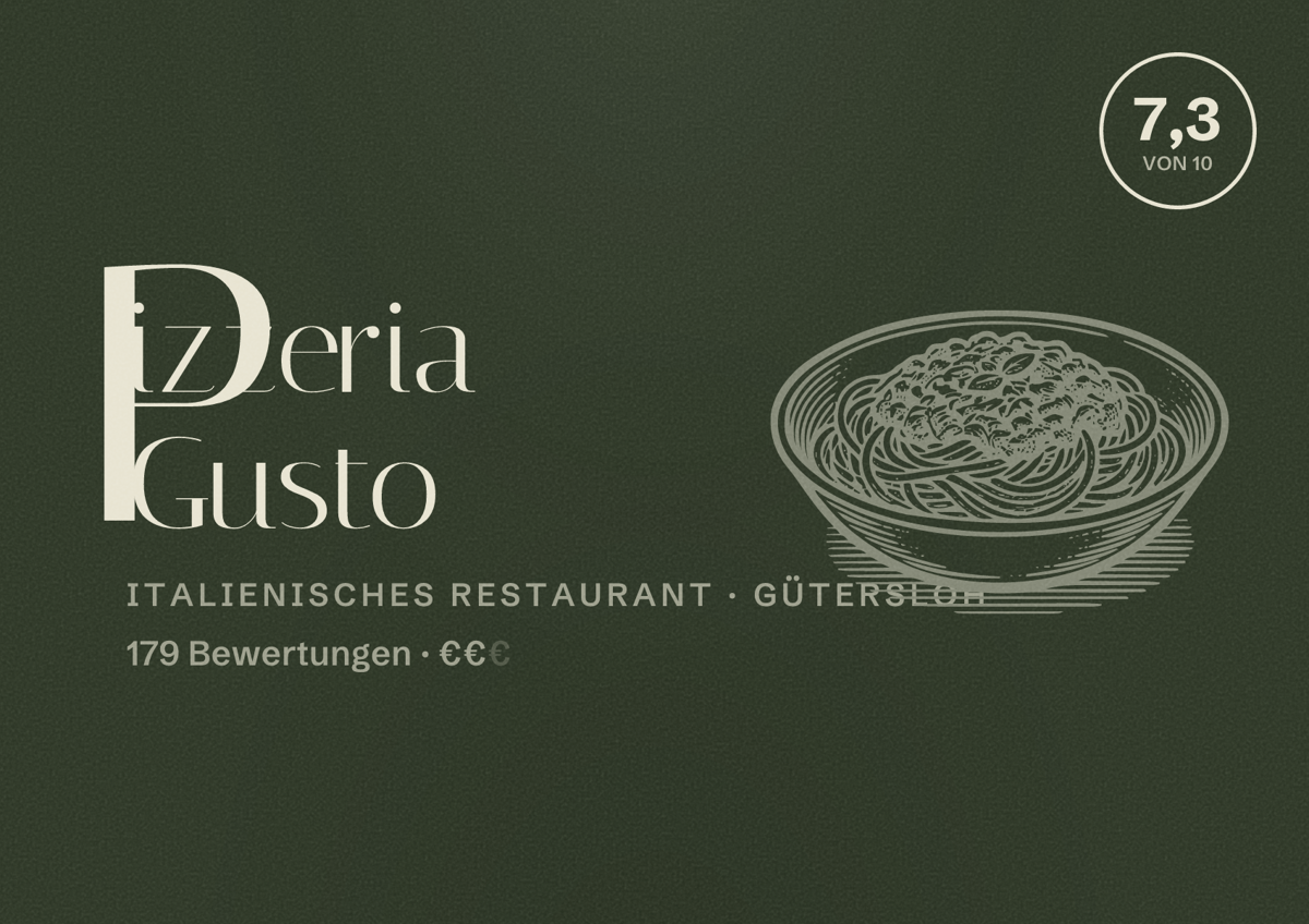 Illustriertes Poster von Pizzeria Gusto, Italienisches Restaurant in Gütersloh: Bewertung 7,3 von 10 aus 179 Bewertungen, Preisniveau €€