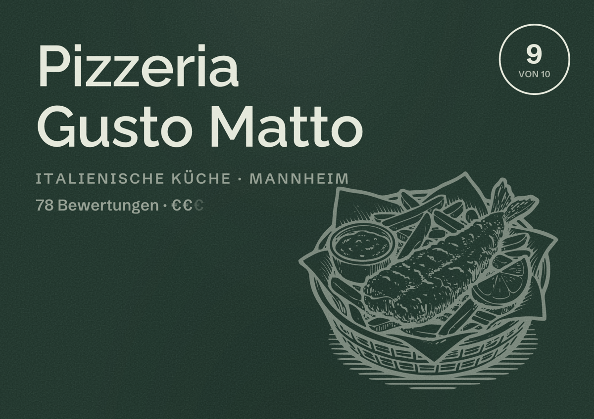 Illustriertes Poster von Pizzeria Gusto Matto, Italienische Küche in Mannheim: Bewertung 9 von 10 aus 78 Bewertungen, Preisniveau €€