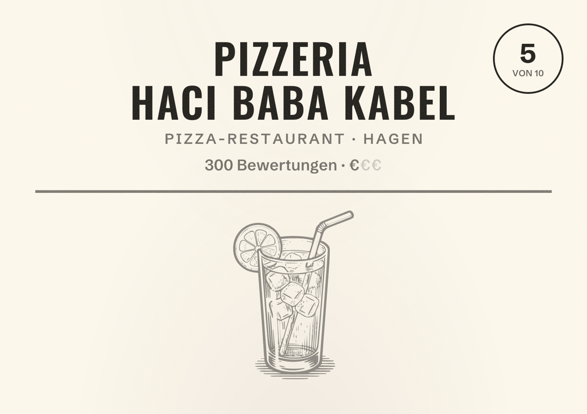 Illustriertes Poster von Pizzeria Haci Baba Kabel, Pizza-Restaurant in Hagen: Bewertung 5 von 10 aus 300 Bewertungen, Preisniveau €